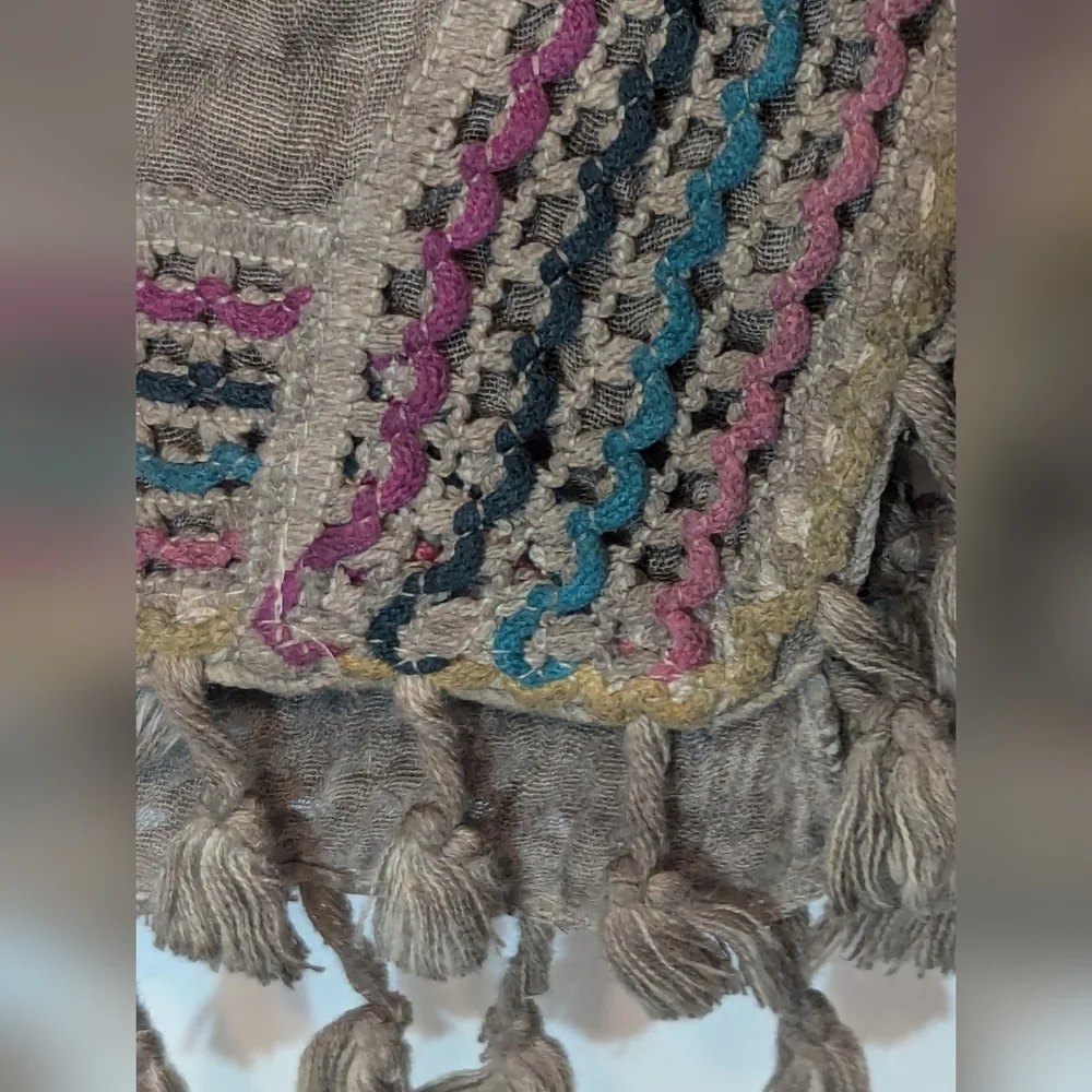 Bohemian Scarf Fringe Shawl Wrap  Embroidered Stripes cotton tassels Festival